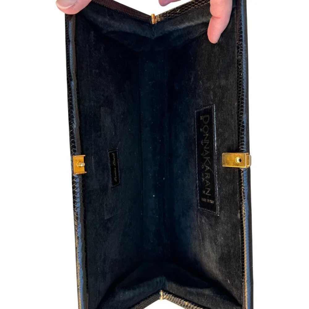 Donna Karan New York Vintage Black Genuine Lizard Skin‎ Clutch Bag Made in Italy
